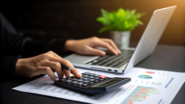 Hands using calculator and laptop for financial analysis on desk