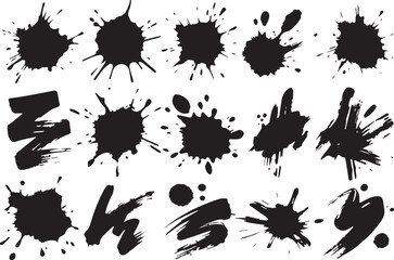 Collection of black ink splatters and brush strokes isolated on transparent background