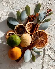 Festive dried citrus and cinnamon arrangement on white backdrop