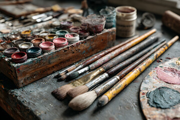 Dark flatlay of scattered art tools, pencils, brushes, and palette
