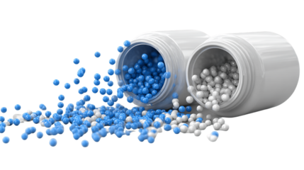 Blue and White Pills Spilling from Bottles on Transparent Background, PNG