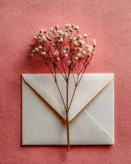 Dried flower stem with off-white envelope on pink background