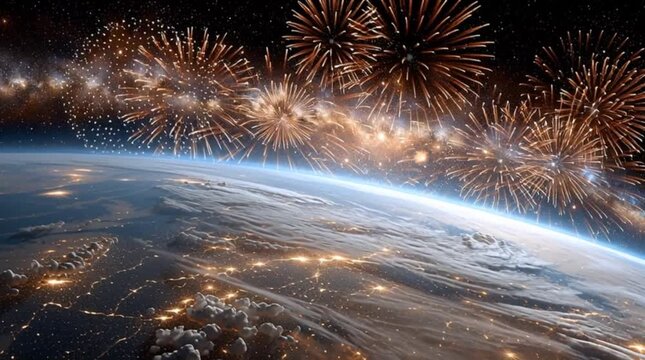 Spectacular fireworks bursting over Earth as seen from space with glowing city lights and starry galaxy background