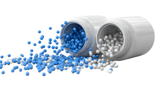 Blue and White Pills Spilling from Bottles on Transparent Background, PNG