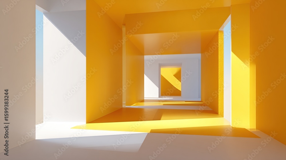 Poster abstract rendering of a sunlit, minimalist corridor with alternating yellow and white cubic structur