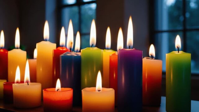 Group of colorful candles glowing, creating light and ambiance. Festive decoration. - Powered by Adobe
