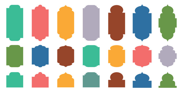 Set of Islamic shape window frame in flat style. Arab frame set. Ramadan Kareem silhouette icon. Mosque gate. Islamic arabesque pattern. Vector mosque gate shape isolated on background.