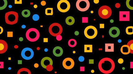 Colorful geometric shapes pattern on black background.