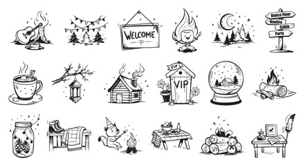 A collection of hand-drawn sketch icons depicting cozy and rustic themes, including camping, bonfires, cabins, warm drinks, and natural elements, perfect for outdoor or comfort-related designs.