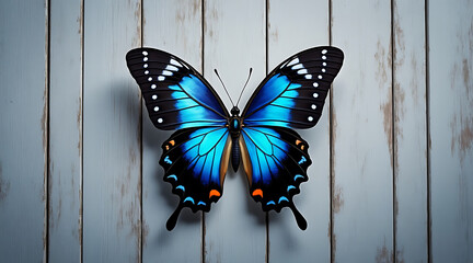 Vibrant blue butterfly with intricate wing patterns on wood background