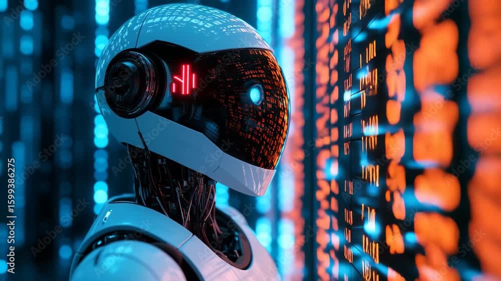Poster a sleek robot with a glowing visor navigates through a mesmerizing digital environment filled with v