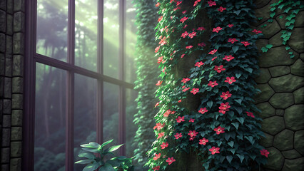 Sunlight streams through a window onto a stone wall covered in blooming vines