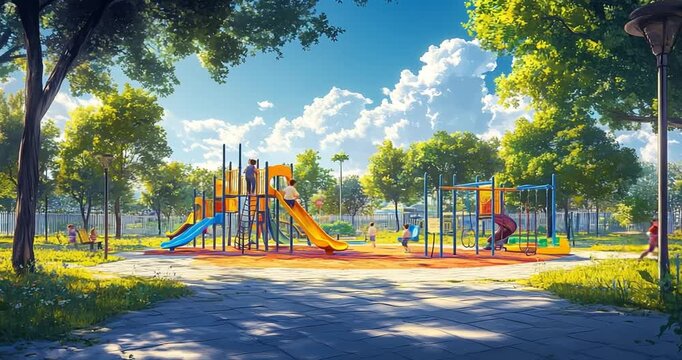 Colorful playground bustling with children and trees