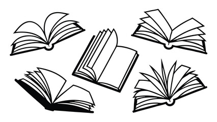 Black and white line art illustrations of open books depicting reading and education themes