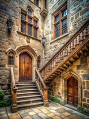 Medieval castle courtyard with stone stairs leading up to a wooden door and ornate windows