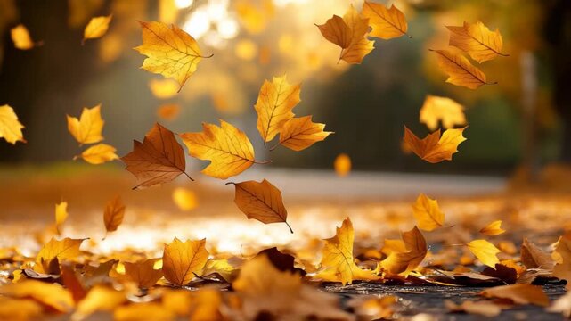 Golden leaves swirl gracefully through the air on a quiet pathway as the sun sets, showcasing the enchanting beauty of autumns arrival and the changing seasons in nature.