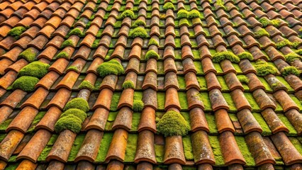 Moss-covered roof with neatly arranged clay tiles