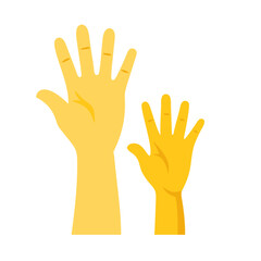 Obraz premium Vibrant yellow hands reach upwards, a playful gesture against a clean background, suitable for artistic expression or concept illustration. 