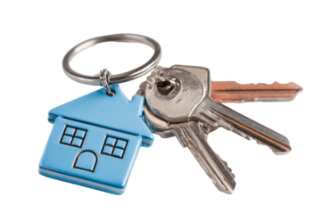 Blue House-Shaped Keychain with Silver Keys on Transparent Background, PNG