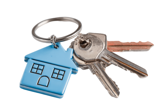 Blue House-Shaped Keychain with Silver Keys on Transparent Background, PNG