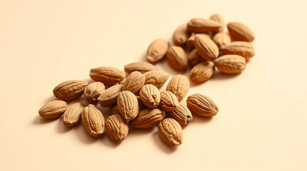 Obraz premium Ai generated image of a scattering of almonds lies on a beige surface in a studio shot
