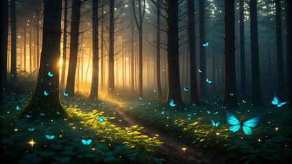 Magical forest path bathed in golden sunlight with blue butterflies