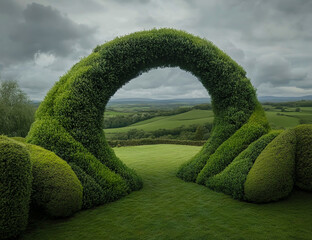 Located on a green mountain slope and surrounded by lush greenery, is a picturesque topiary art installation carved into an arch shape.