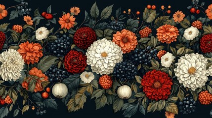 Autumnal Floral Tapestry: A Dark Romantic Botanical Illustration