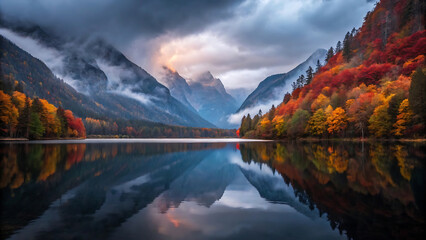 Majestic autumn mountain lake reflection under dramatic skies