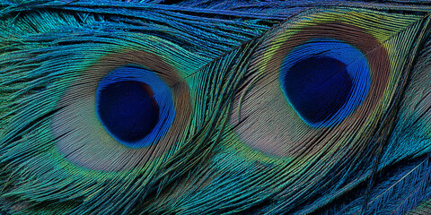 Fototapeta premium Detailed Peacock Feather Pattern with Iridescent Blue and Green Texture Background