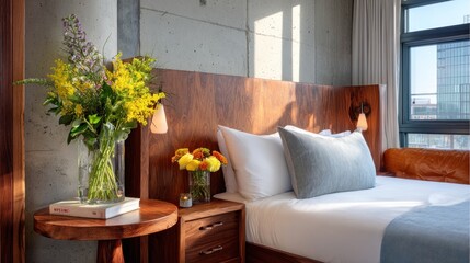 Modern hotel room with warm tones