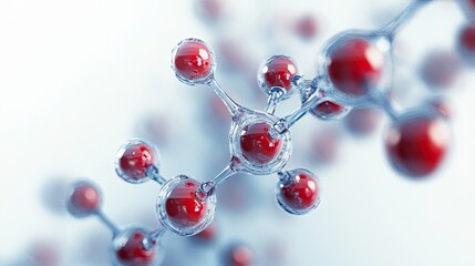Abstract structure of scientific molecule with connected atoms on white background for biotech or chemistry visuals