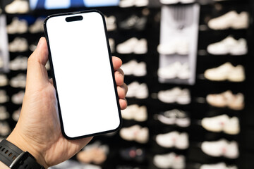 Hand Holding Blank Smartphone in Shoe Store. Mobile shopping for footwear, using retail apps,...