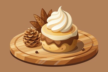 Delicious dessert with cream and chocolate on a wooden plate illustration