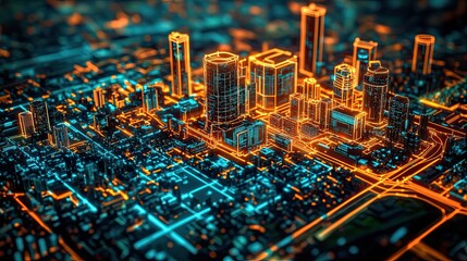 AI-powered urban planning interface showing glowing blueprint overlays on a digital city map