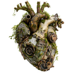 Mechanical heart growing organic vines isolated on white background