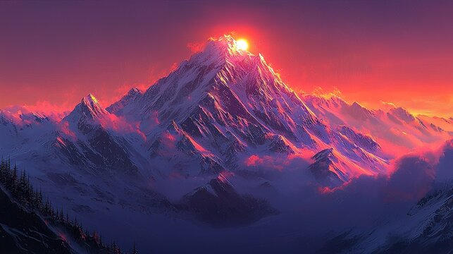Sunrise peaks, vibrant mountain range.  Snowy, glowing summit
