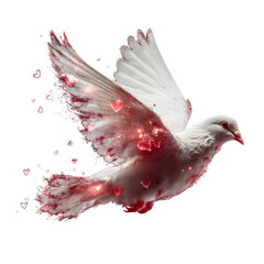 Symbolic dove carrying hearts of light isolated on white background