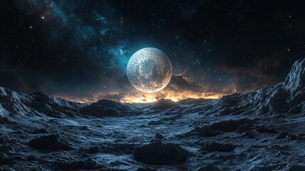 Alien Planet Surface View of Moon Rising Over Rocky Terrain with Dark Sky Filled with Stars and Nebulae Background