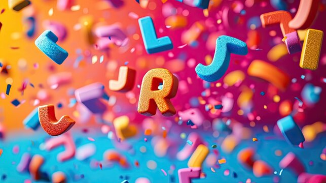 Alphabet Letters Falling Against Colorful Background with Fun and Playful Concept for Education and Learning