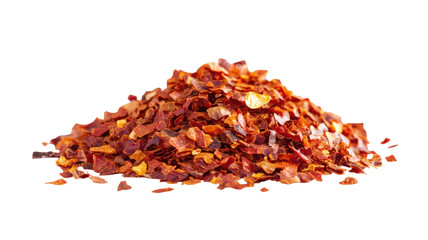 Close up chopped spicy red chili pepper flakes isolated on white background


