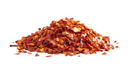 Close up chopped spicy red chili pepper flakes isolated on white background

