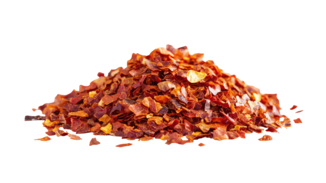 Close up chopped spicy red chili pepper flakes isolated on white background

