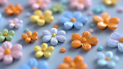 Colorful, detailed flowers arranged on a light blue surface.