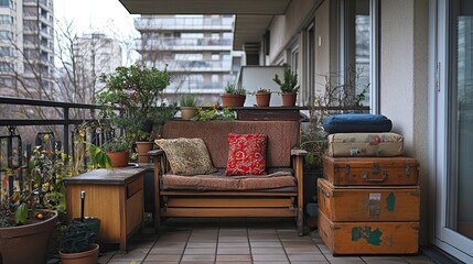 Apartment Balcony Cluttered with Unused Furniture in Urban Living Environment