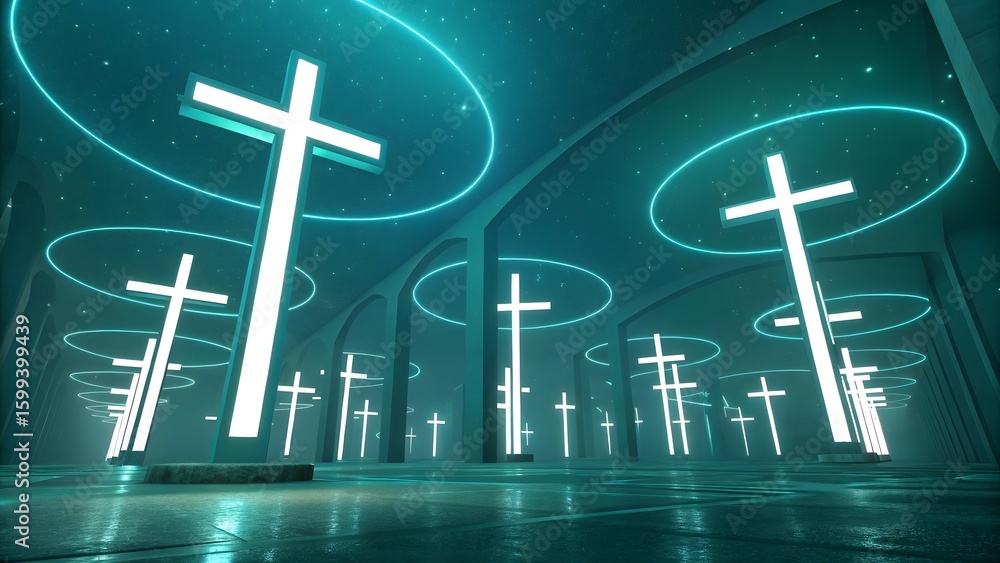 Poster illuminated crosses in a futuristic hall with glowing circles and reflective floor texture design