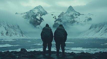 Two Hikers Contemplating a Majestic Winter Landscape
