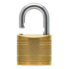 A closeup of an open brass and metal padlock is isolated on a transparent background showing its security features
