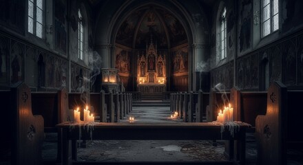 Old Church Interior with Lit Candles and Religious Artwork
