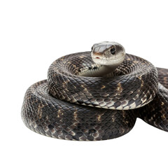 Fototapeta premium A coiled black snake is looking at the camera on a transparent background in a studio shot